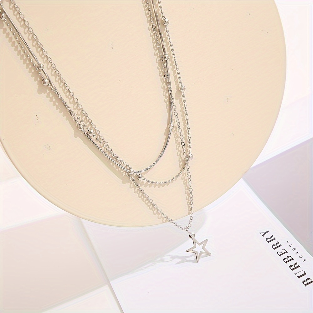 Women's Triple Layer Beaded Necklace with Star Pendant
